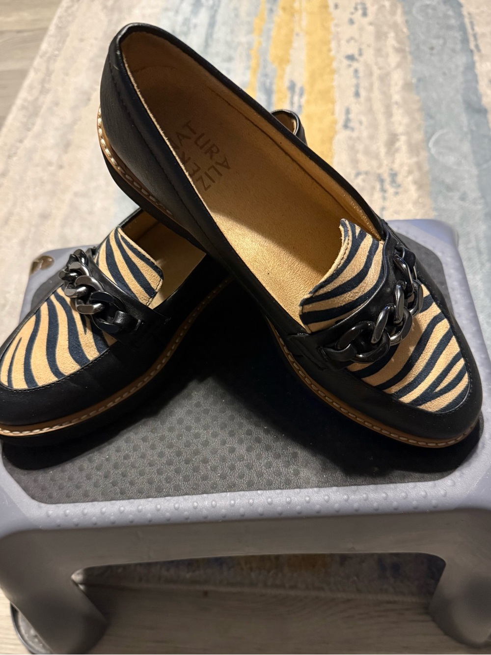 Naturalizer Black and Tan Zebra-Print Chain Loafers